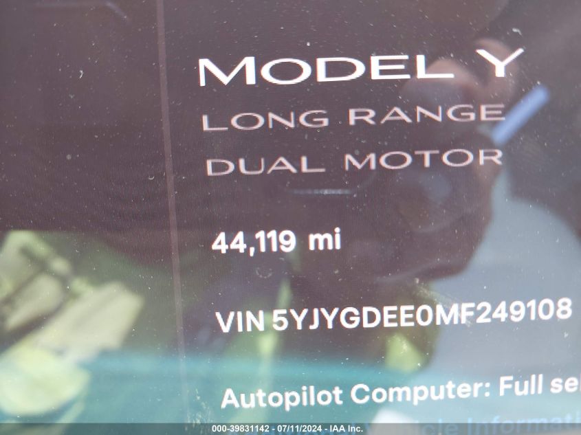 2021 Tesla Model Y Long Range Dual Motor All-Wheel Drive VIN: 5YJYGDEE0MF249108 Lot: 39831142