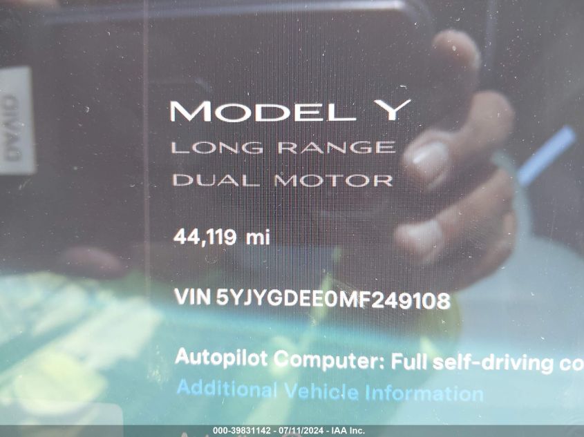 2021 Tesla Model Y Long Range Dual Motor All-Wheel Drive VIN: 5YJYGDEE0MF249108 Lot: 39831142