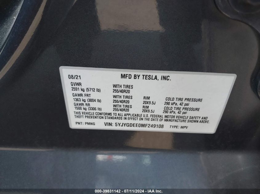 2021 Tesla Model Y Long Range Dual Motor All-Wheel Drive VIN: 5YJYGDEE0MF249108 Lot: 39831142