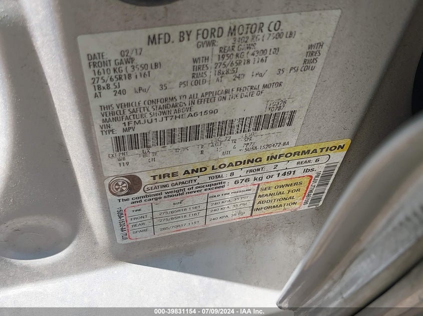 2017 Ford Expedition Xlt VIN: 1FMJU1JT7HEA61590 Lot: 39831154