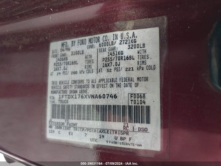 1997 Ford F-150 Lariat/Standard/Xl/Xlt VIN: 1FTDX176XVNA60746 Lot: 39831164