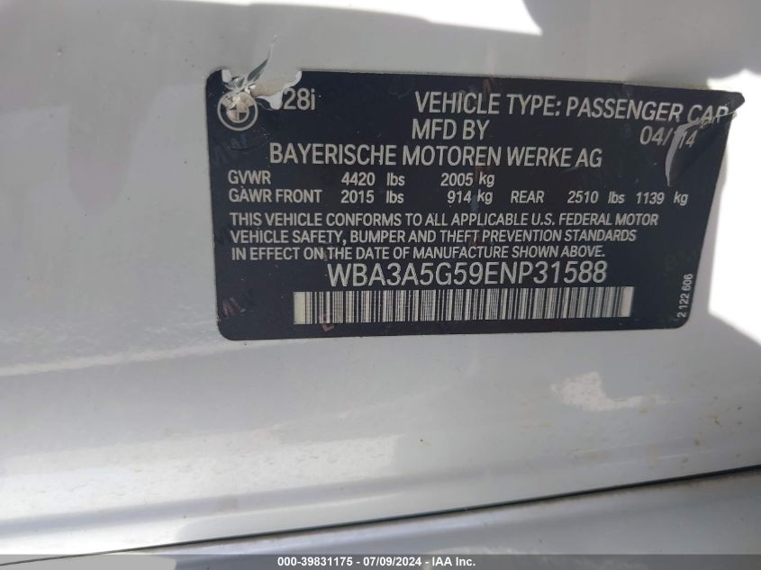 2014 BMW 328I VIN: WBA3A5G59ENP31588 Lot: 39831175