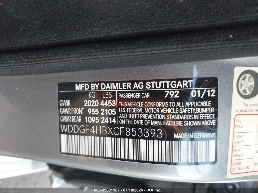 2012 Mercedes-Benz C 250 Luxury/Sport VIN: WDDGF4HBXCF853393 Lot: 39831187