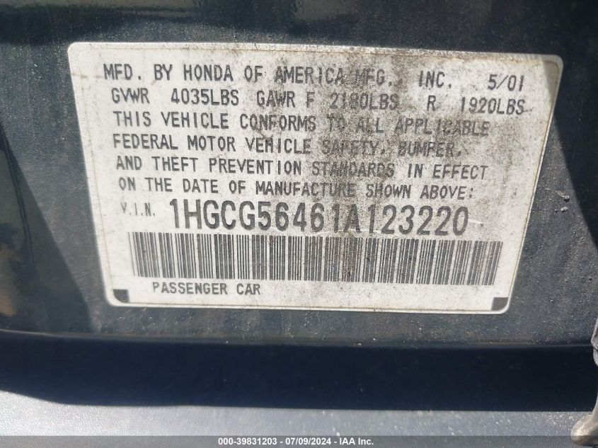 2001 Honda Accord 2.3 Lx VIN: 1HGCG56461A123220 Lot: 39831203