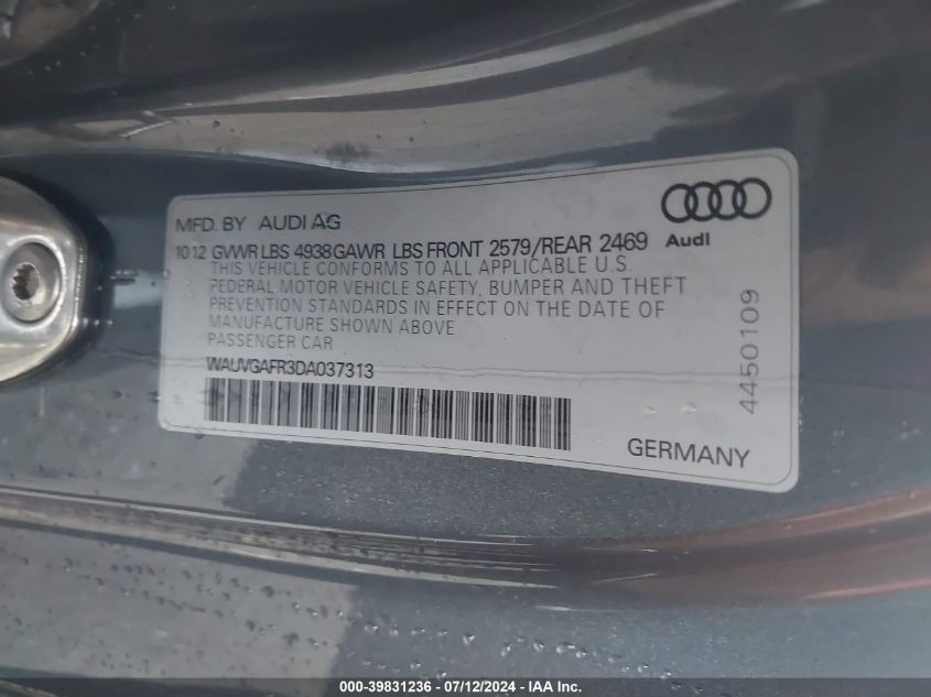 WAUVGAFR3DA037313 2013 Audi S5 3.0T Premium Plus