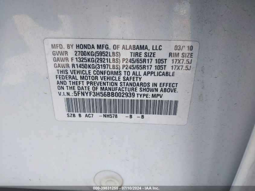 2011 Honda Pilot Ex-L VIN: 5FNYF3H56BB002939 Lot: 39831255