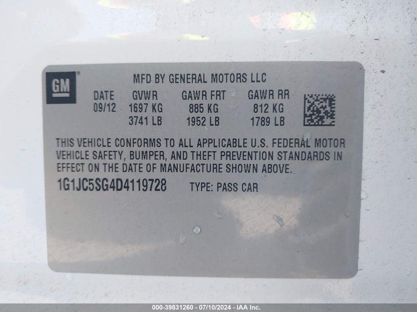 2013 Chevrolet Sonic Lt Auto VIN: 1G1JC5SG4D4119728 Lot: 39831260