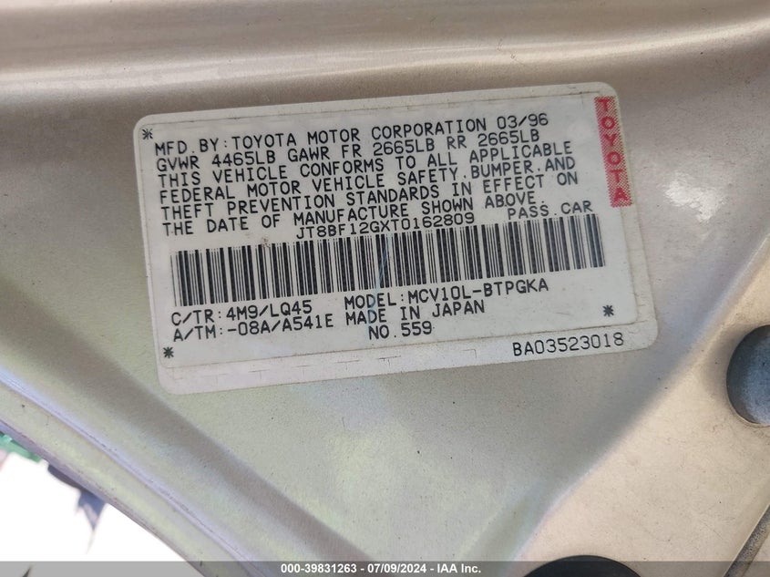 1996 Lexus Es 300 VIN: JT8BF12GXT0162809 Lot: 39831263