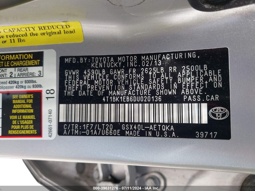 2013 Toyota Avalon Xle Touring VIN: 4T1BK1EB6DU020136 Lot: 39831276