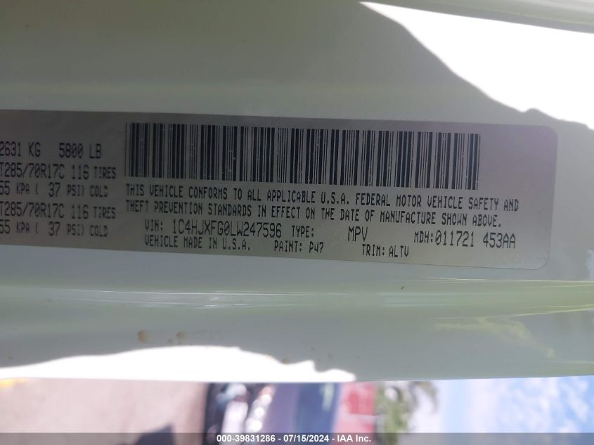 2020 Jeep Wrangler Unlimited Rubicon 4X4 VIN: 1C4HJXFG0LW247596 Lot: 39831286