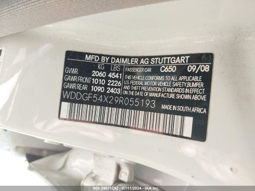 2009 Mercedes-Benz C 300 Luxury/Sport VIN: WDDGF54X29R055193 Lot: 39831292