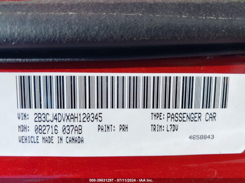 2010 Dodge Challenger Se VIN: 2B3CJ4DVXAH120345 Lot: 39831297