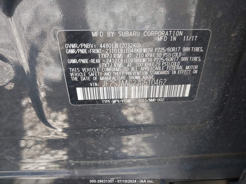 VIN JF2SJAAC2JG510462 2018 SUBARU FORESTER 2.5I