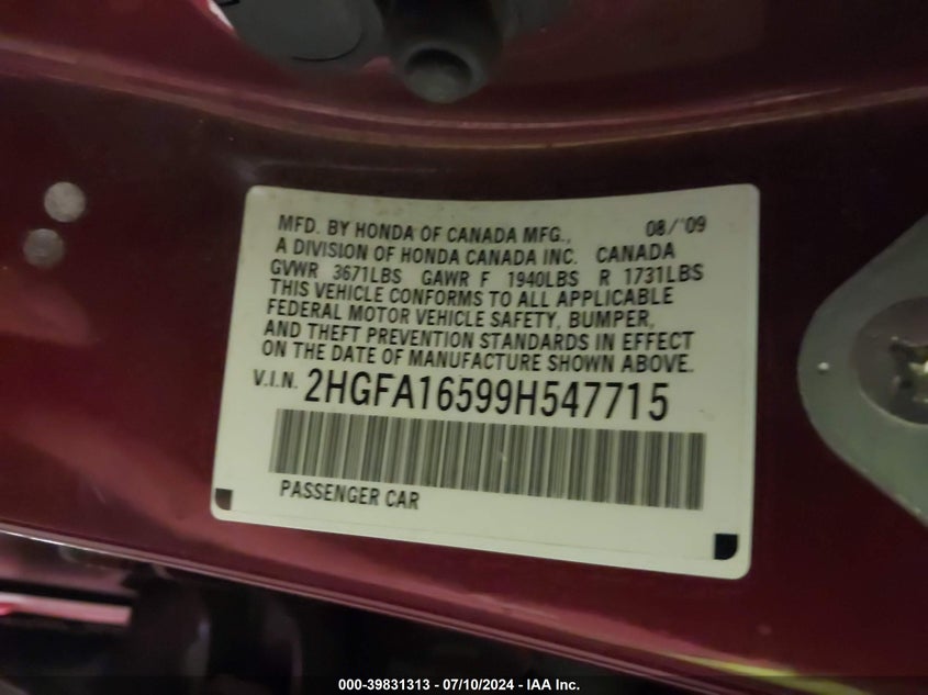 2009 Honda Civic Lx VIN: 2HGFA16599H547715 Lot: 39831313