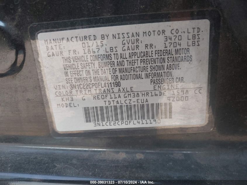 2015 Nissan Versa Note S/S Plus/Sv/Sl/Sr VIN: 3N1CE2CP0FL411190 Lot: 39831323