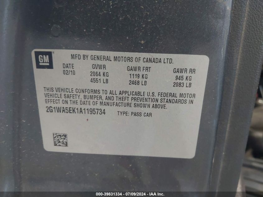 2010 Chevrolet Impala Ls VIN: 2G1WA5EK1A1195734 Lot: 39831334