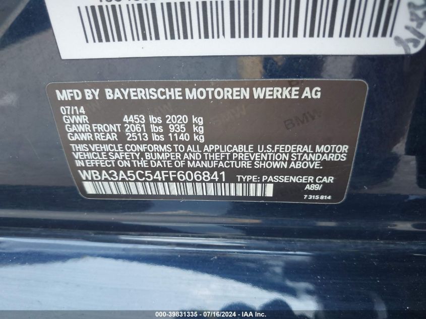 2015 BMW 328I VIN: WBA3A5C54FF606841 Lot: 39831335