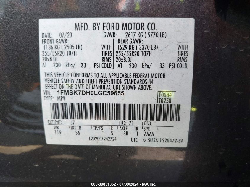 2020 Ford Explorer Xlt VIN: 1FMSK7DH0LGC59655 Lot: 39831352