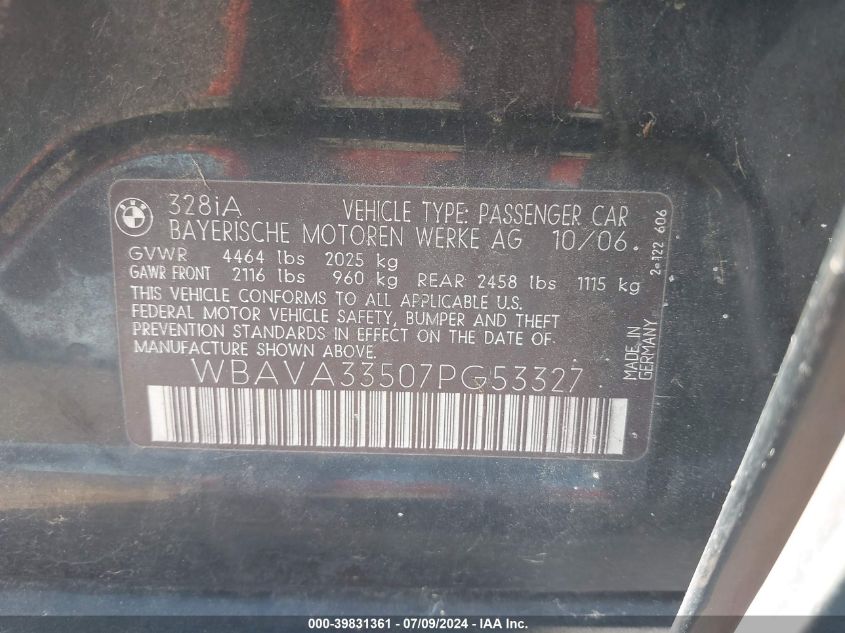 2007 BMW 328I VIN: WBAVA33507PG53327 Lot: 39831361