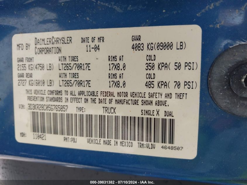 2005 Dodge Ram 2500 St/Slt VIN: 3D3KR28C05G765857 Lot: 39831382
