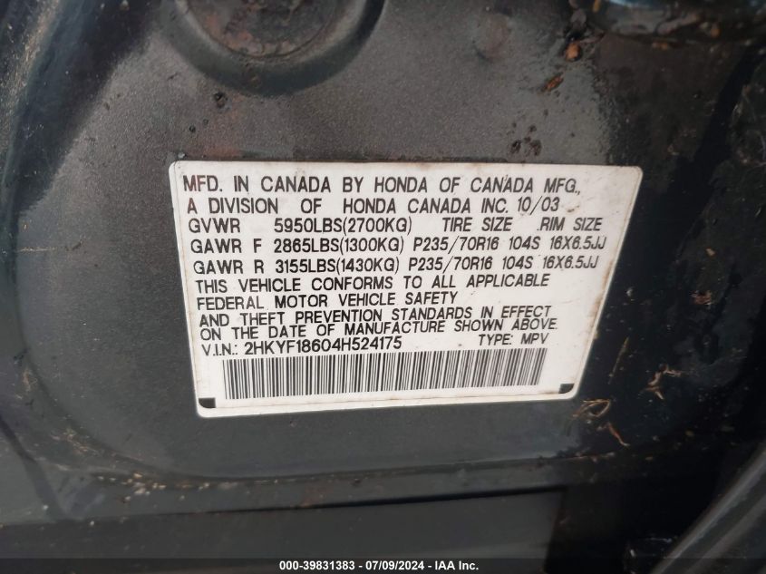 2004 Honda Pilot Ex-L VIN: 2HKYF18604H524175 Lot: 39831383