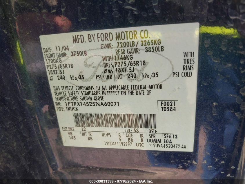 2005 Ford F150 VIN: 1FTPX14525NA60071 Lot: 39831399