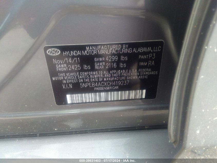 2012 Hyundai Sonata Gls VIN: 5NPEB4ACXCH419237 Lot: 39831403