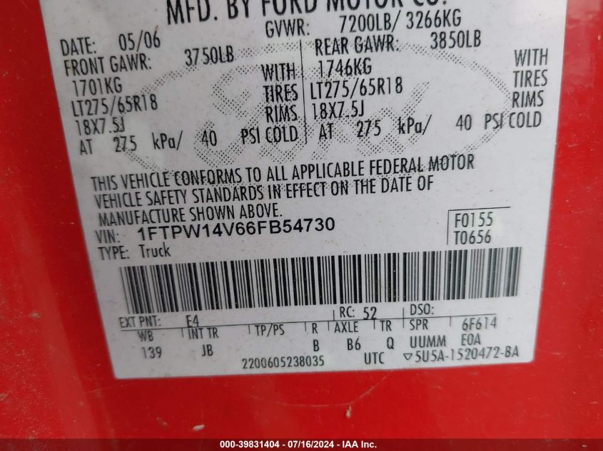 2006 Ford F-150 Fx4/Lariat/Xlt VIN: 1FTPW14V66FB54730 Lot: 39831404