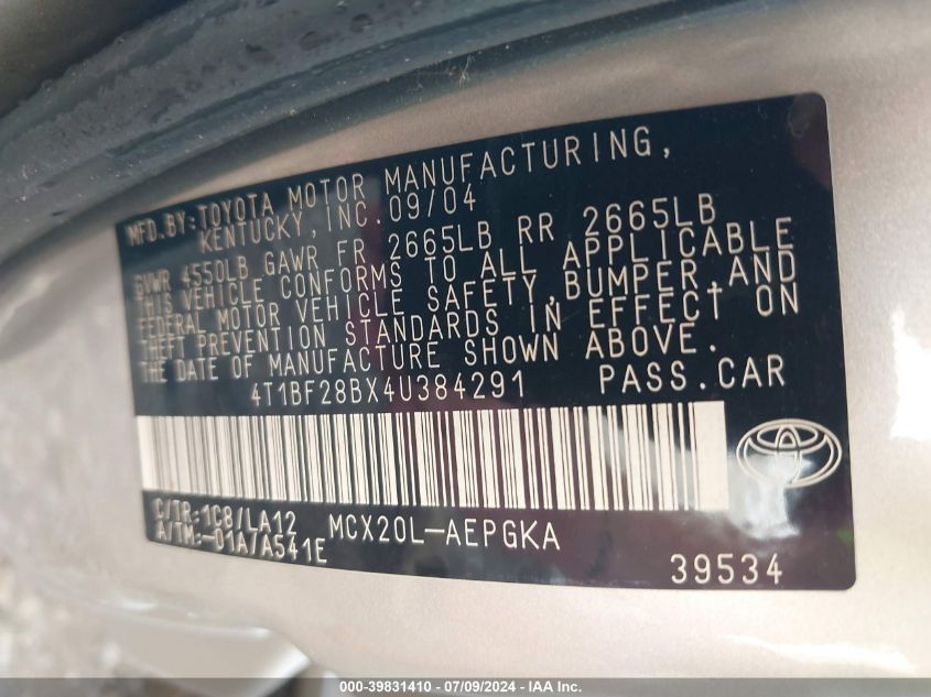 2004 Toyota Avalon Xls VIN: 4T1BF28BX4U384291 Lot: 39831410