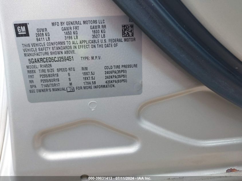 2012 Buick Enclave Leather VIN: 5GAKRCED5CJ259451 Lot: 39831413