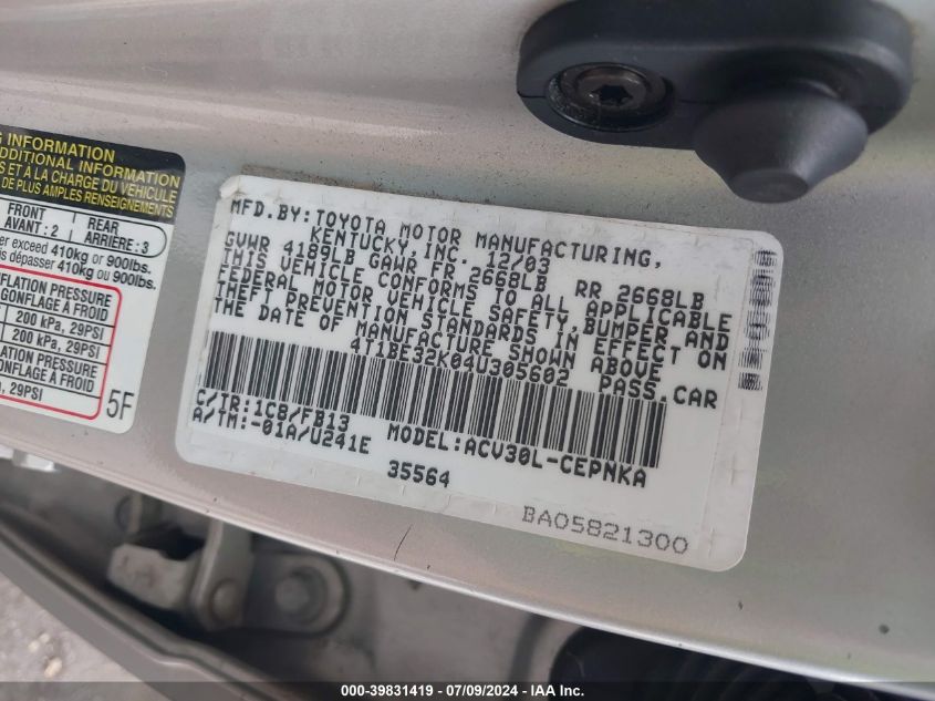 2004 Toyota Camry Le VIN: 4T1BE32K04U305602 Lot: 39831419