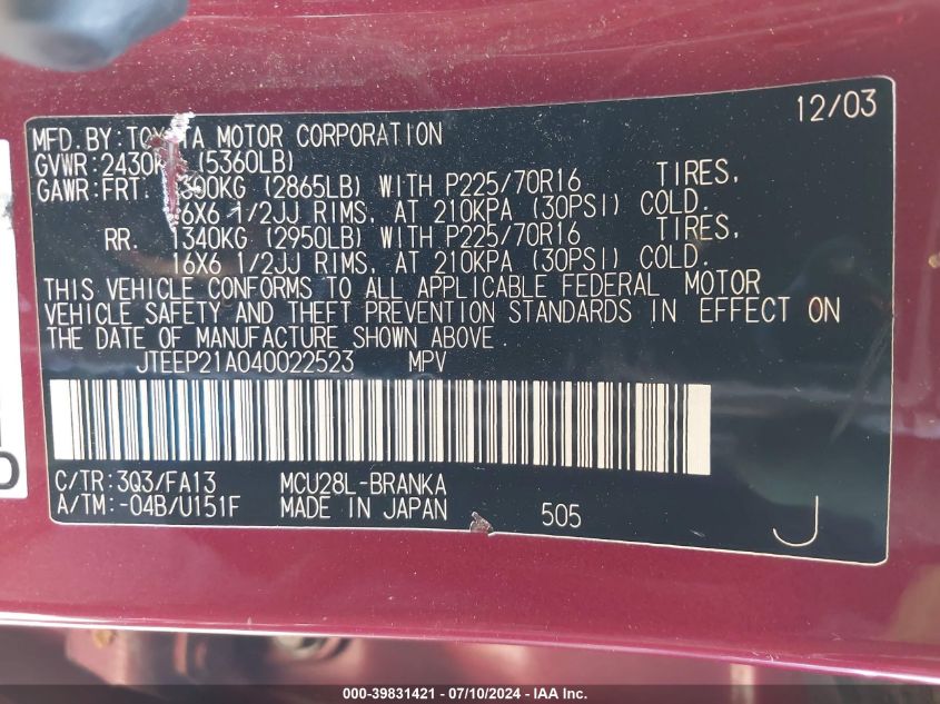 2004 Toyota Highlander V6 VIN: JTEEP21A040022523 Lot: 39831421