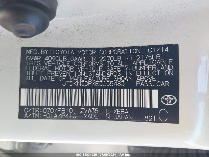 2014 Toyota Prius Plug-In VIN: JTDKN3DPXE3055483 Lot: 39831429