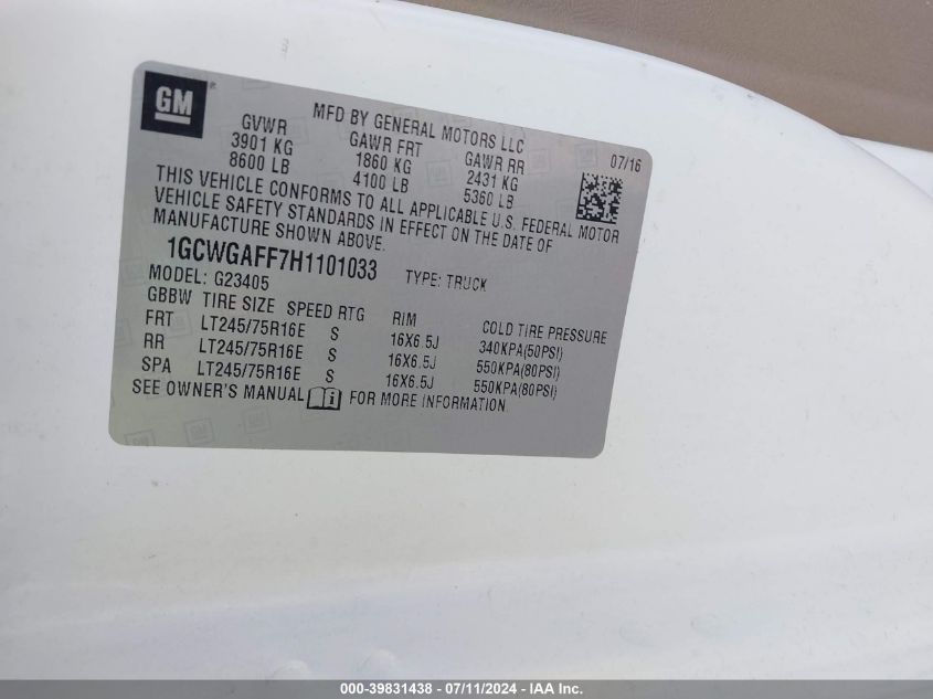 2017 Chevrolet Express 2500 Work Van VIN: 1GCWGAFF7H1101033 Lot: 39831438