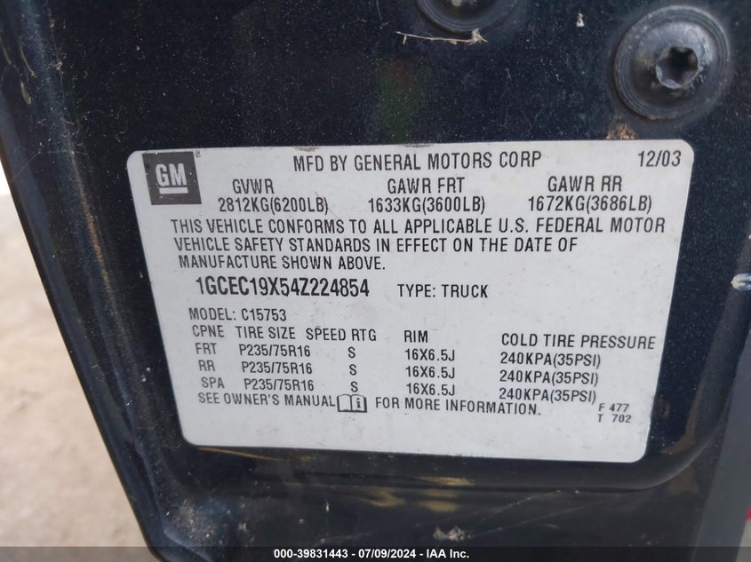 2004 Chevrolet Silverado 1500 Work Truck VIN: 1GCEC19X54Z224854 Lot: 39831443