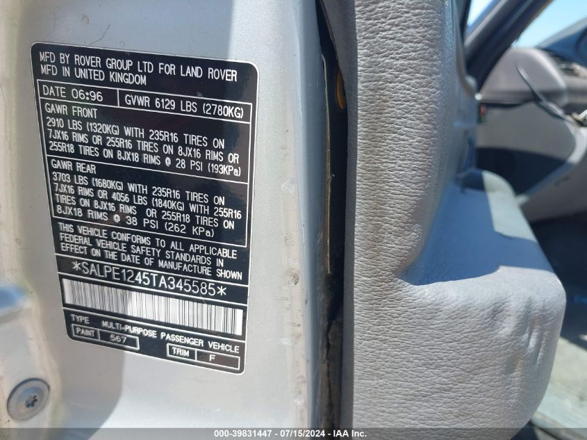 1996 Land Rover Range Rover 4.0 Se Long Wheelbase VIN: SALPE1245TA345585 Lot: 39831447