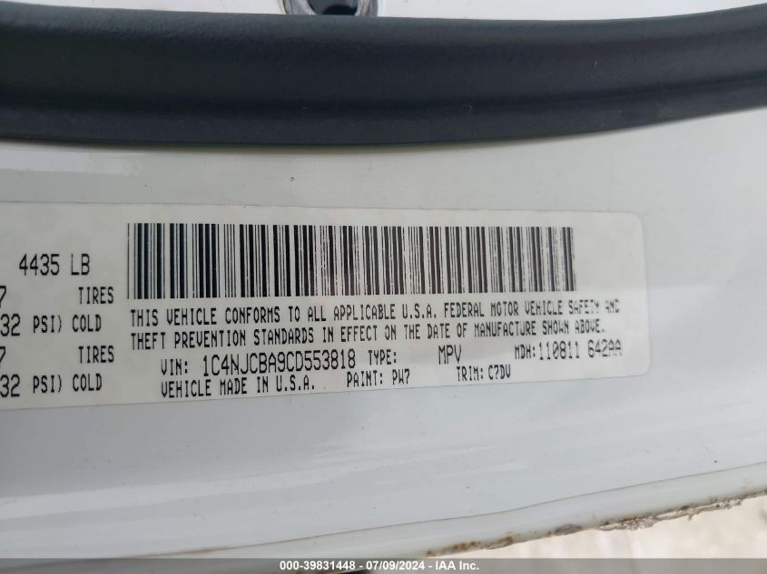 2012 Jeep Compass Sport VIN: 1C4NJCBA9CD553818 Lot: 39831448