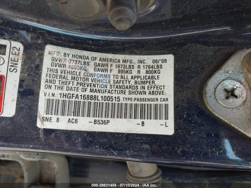 2008 Honda Civic Ex VIN: 1HGFA16888L100515 Lot: 39831458