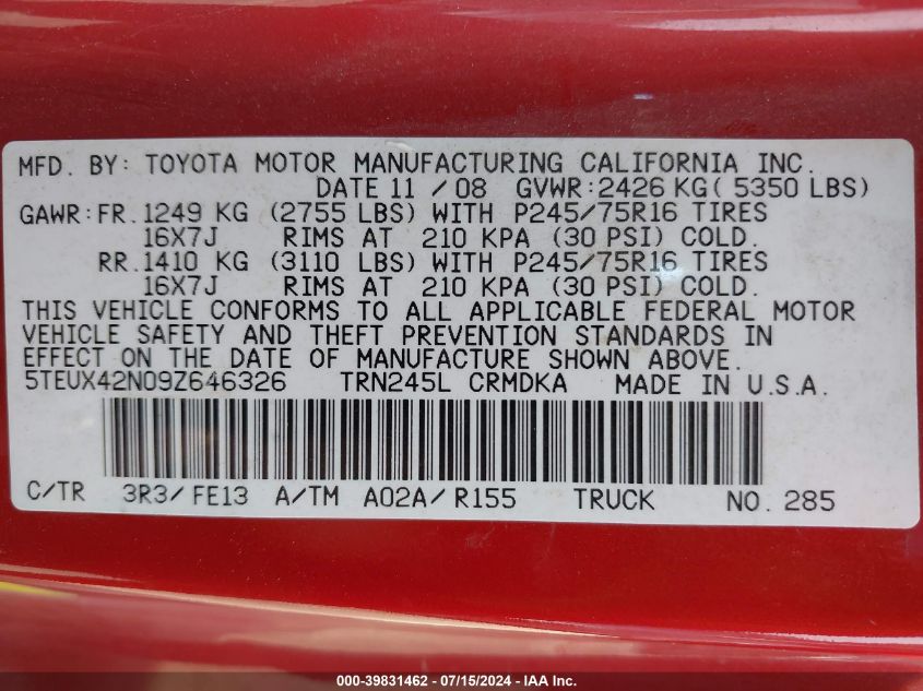2009 Toyota Tacoma VIN: 5TEUX42N09Z646326 Lot: 39831462