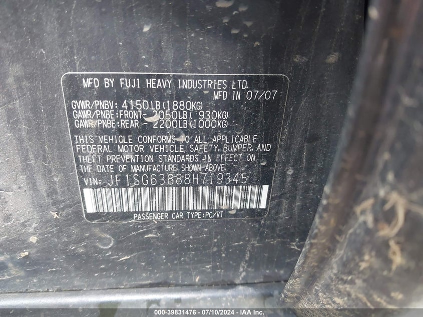2008 Subaru Forester 2.5X VIN: JF1SG63688H719345 Lot: 39831476