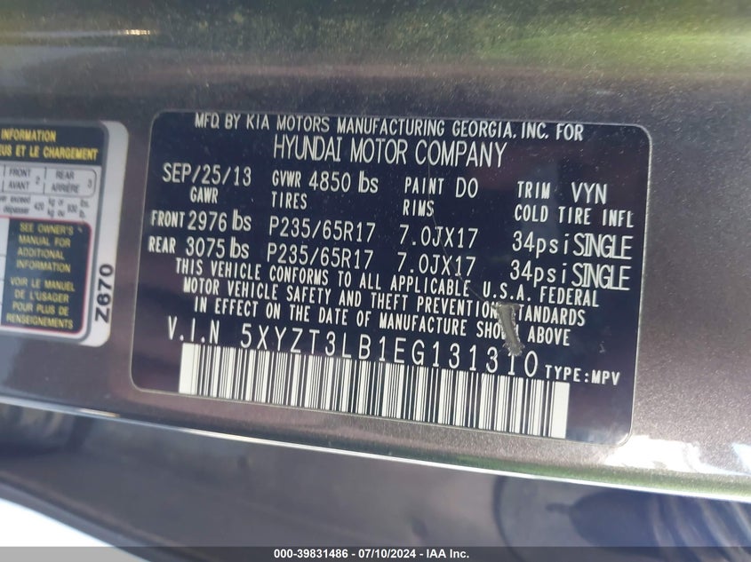 2014 Hyundai Santa Fe Sport 2.4L VIN: 5XYZT3LB1EG131310 Lot: 39831486