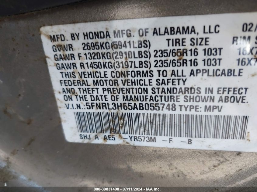 2010 Honda Odyssey Ex-L VIN: 5FNRL3H65AB055748 Lot: 39831490