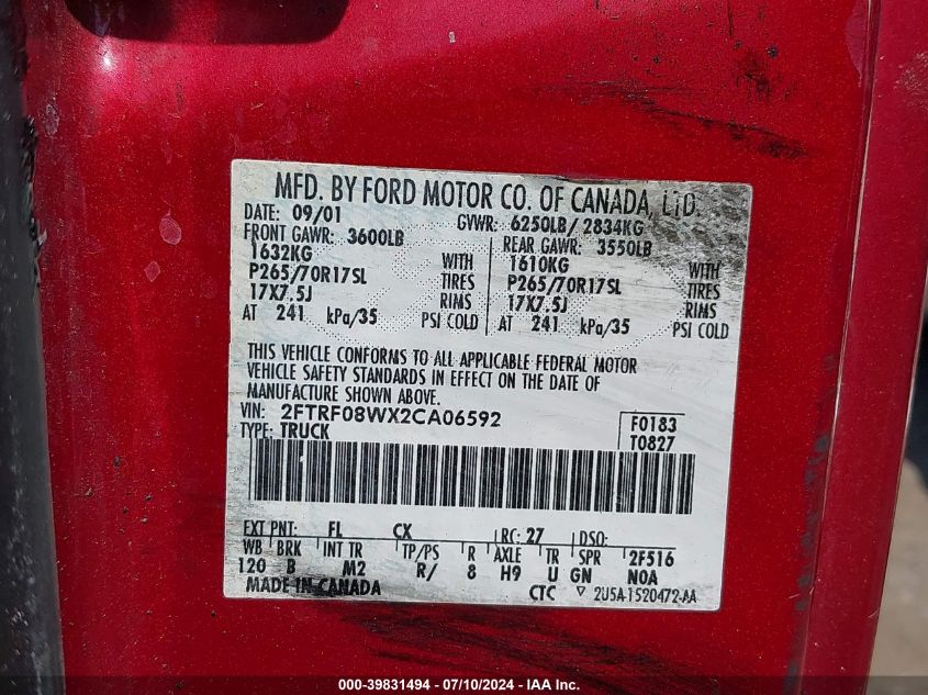 2002 Ford F-150 Xl/Xlt VIN: 2FTRF08WX2CA06592 Lot: 39831494