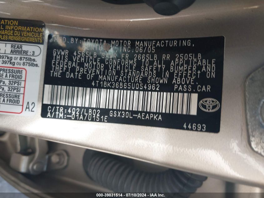 2005 Toyota Avalon Limited VIN: 4T1BK36B65U054962 Lot: 39831514