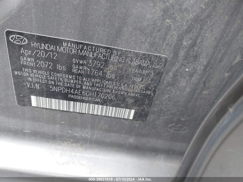 2013 Hyundai Elantra Limited VIN: 5NPDH4AE6DH170206 Lot: 39831519