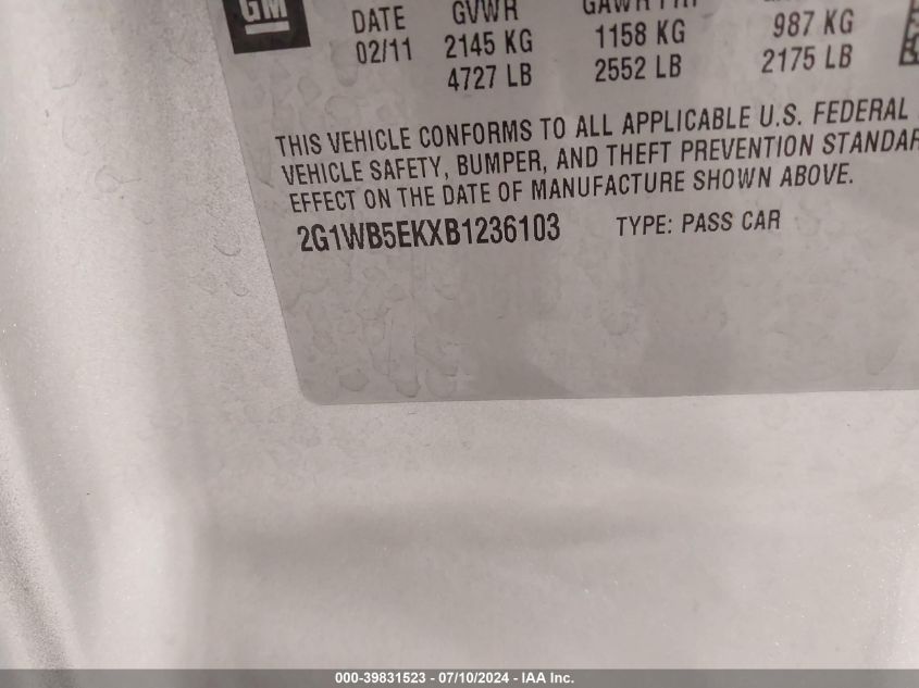 2011 Chevrolet Impala Lt VIN: 2G1WB5EKXB1236103 Lot: 39831523