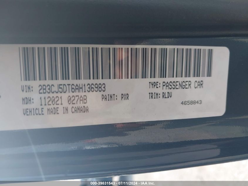 2010 Dodge Challenger R/T VIN: 2B3CJ5DT6AH136983 Lot: 39831543