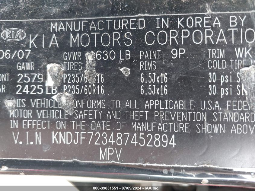 2008 Kia Sportage Lx V6 VIN: KNDJF723487452894 Lot: 39831551