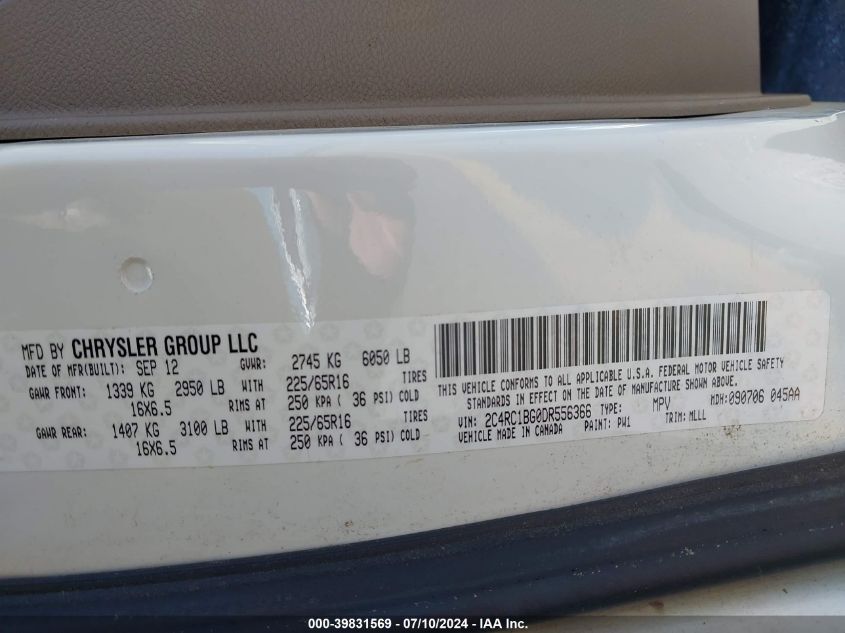 2013 Chrysler Town & Country Touring VIN: 2C4RC1BG0DR556366 Lot: 39831569