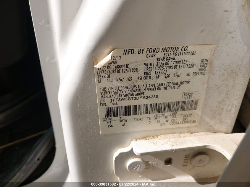 2013 Ford F350 Super Duty VIN: 1FT8W3BT3DEA34730 Lot: 39831582